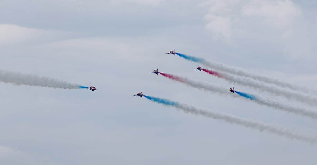 Straight razor on a plane to Moscow from abroad - Air show with planes performing traces in cloudy sky