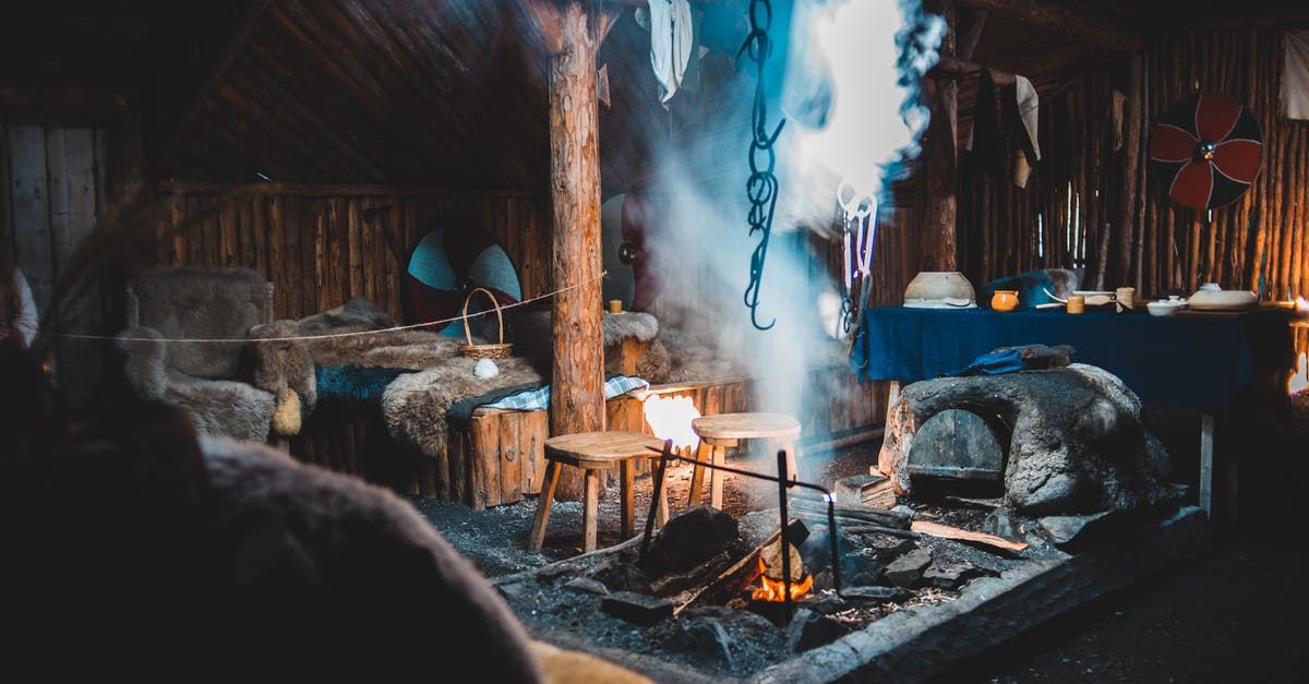 Submitting Canada visa application for Holiday in Canada - Burning bonfire inside of aged wooden house with bed and armchairs in Norstead Viking Village