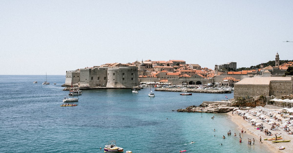 Summer Sea Travel from Dubrovnik to Split - Old stone fortress on shore with unrecognizable travelers against sea