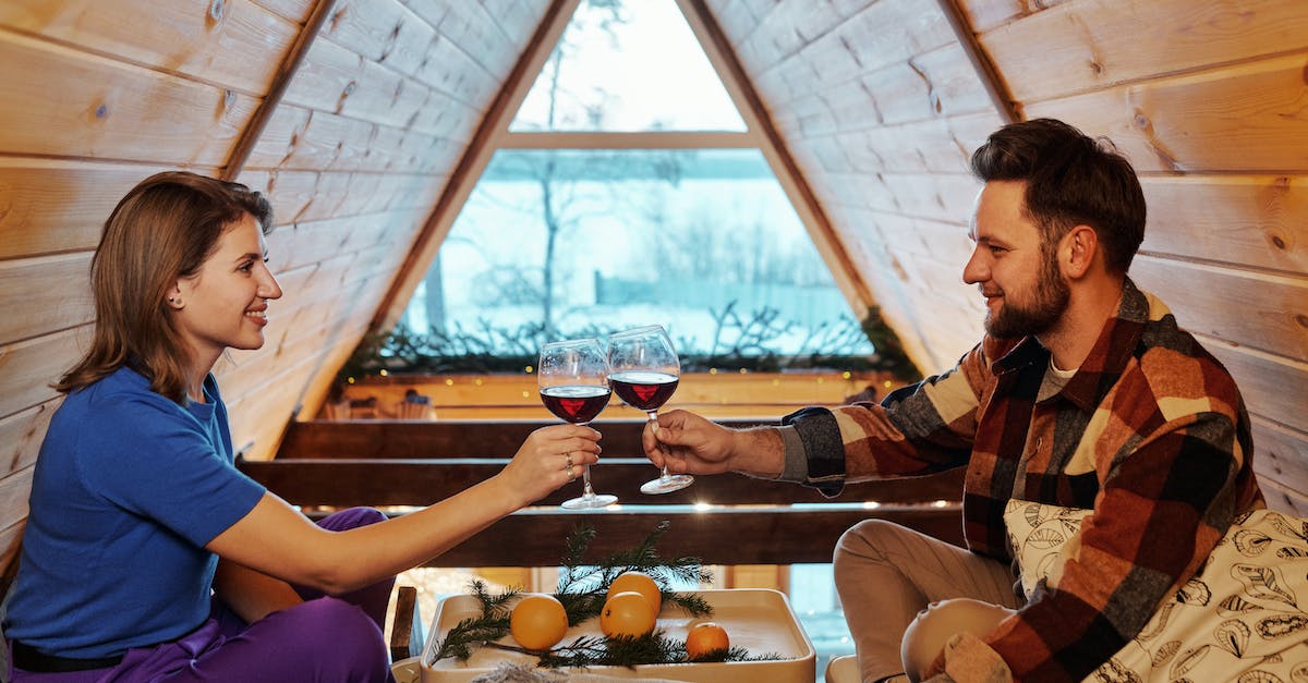 Temporary exhibitions in Helsinki before christmas - Man and Woman Clinking Glasses with Red Wine in a Wooden Cabin in Winter 