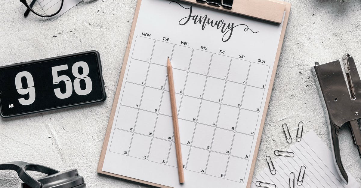 Time it takes from EZE to AEP airport - Top view composition of clipboard with calendar and pencil placed on desk amidst stationery and eyeglasses