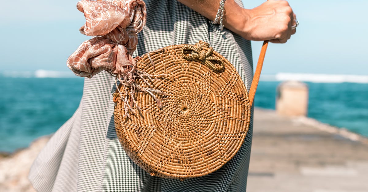 Toiletries in hand bag while travelling - Woman Wearing Grey Skirt and Round Brown Rattan Crossbody Bag on Wooden Dock Near Body of Water