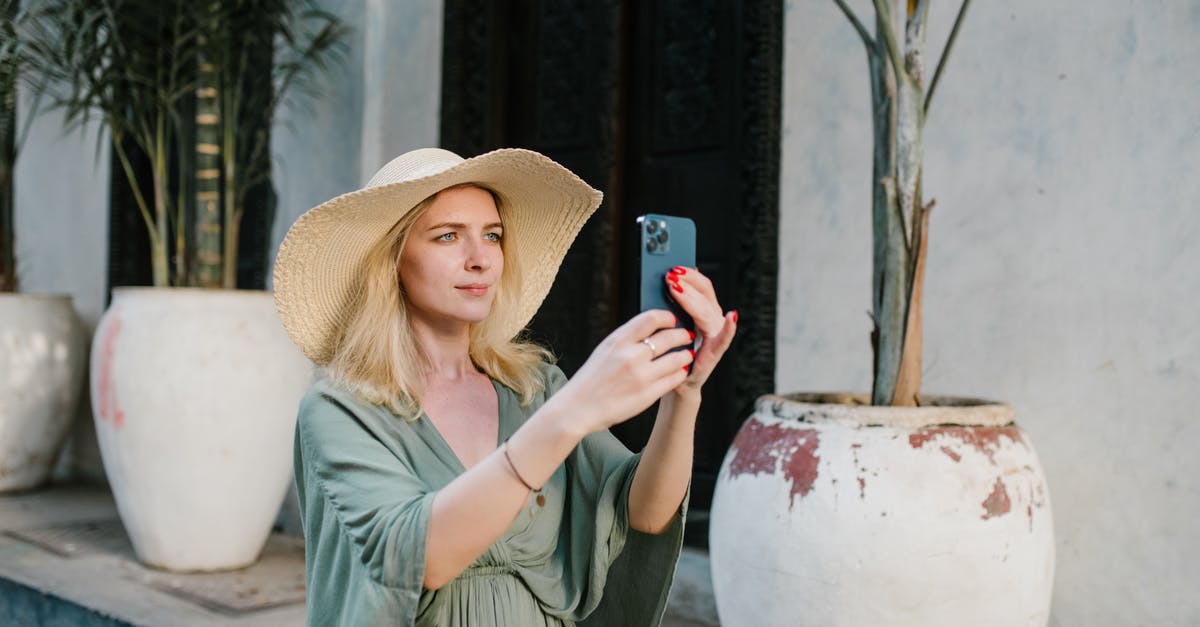 Tourist maps online for Japan? - Female tourist wearing summer dress and broad brim hat taking photo on cellphone white standing on street near palms growing in clay jugs