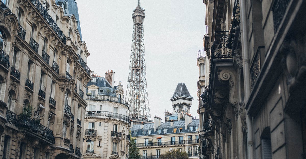 Tourist renting a Citroen Ami in France - Eiffel Tower Behind Buildings