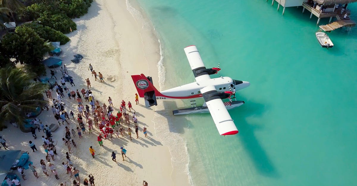 Transport kitchen stand mixer from China to Europe by plane - From above of people standing near modern airplane on sandy beach near clear blue sea and green plants in summer