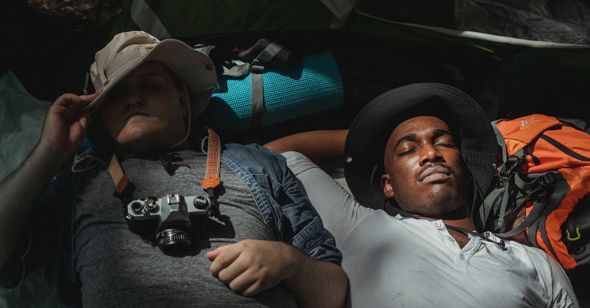 Travel with a photography/camera backpack [closed] - From above of young multiracial best friends with closed eyes sleeping on backpacks during summer trip