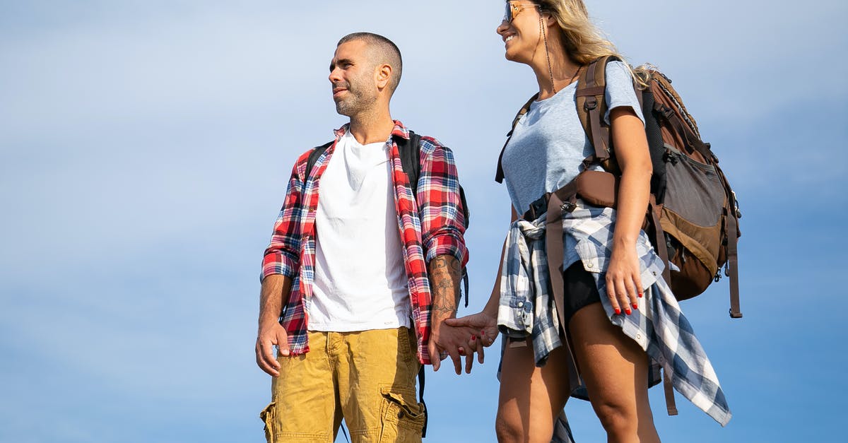 Traveling a few days before expiry of a Schengen visa - Happy Couple with Backpacks against Blue Sky