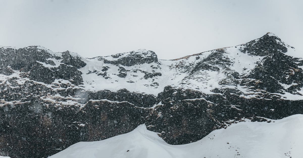 Travelling to Kiruna, Sweden from Dubai, clothing during extreme cold climate - Spectacular landscape of rocky mountains covered with snow against gray cloudy sky during blizzard in winter