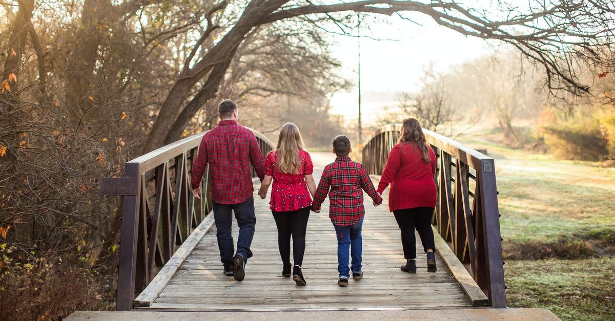 Travelling within the Schengen zone with a short-time visa EEA family members visa - Back view of anonymous plump family in casual wear holding hands while walking on wooden bridge under dry tree branches near green meadow in rural zone spending time together Travelling within the Schengen zone with a short-time visa EEA family members visa - Back view of anonymous plump family in casual wear holding hands while walking on wooden bridge under dry tree branches near green meadow in rural zone spending time together