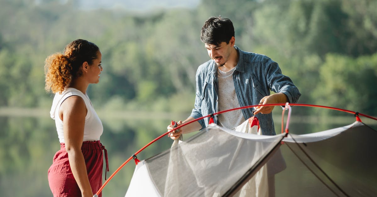 True current process of extending Mongolian tourist visa - Focused young multiethnic traveling couple in casual clothes putting up tent together near lake in summer day