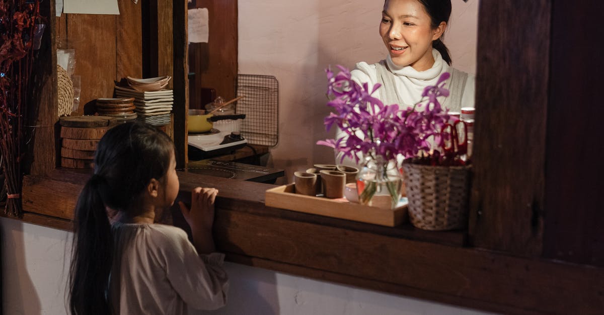 UK child visitor visa - Cheerful adult ethnic female worker talking with cute girl in cafe