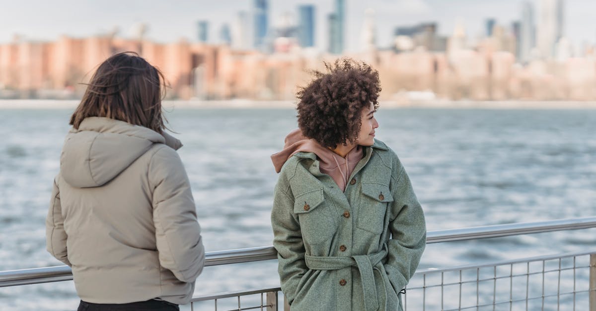 US Girlfriend Denied Entry to UK - Young female friends wearing warm clothes standing together with hands in pockets on New York City promenade on cold day
