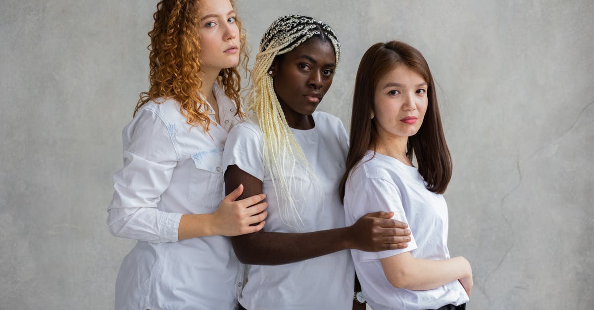 US visa point of contact [closed] - Multiethnic females wearing similar clothes standing close together showing support and unity standing against gray background