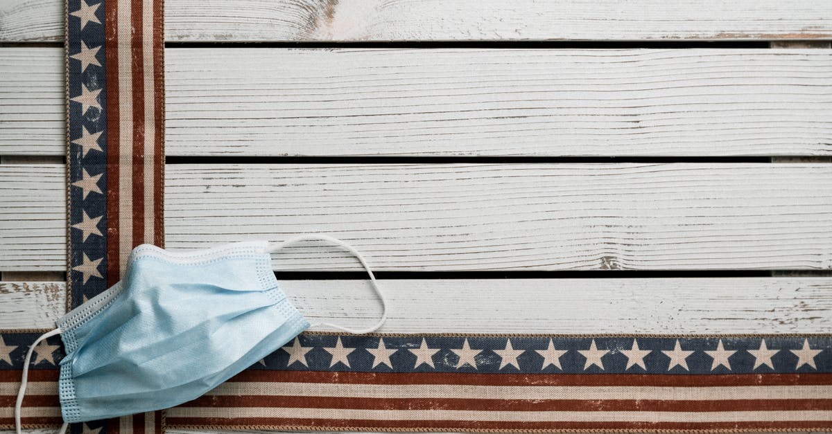 Valid period of stay in USA - From above of sterile face mask on decorative USA ribbons with stripes and stars on wooden desk during COVID 19 pandemic