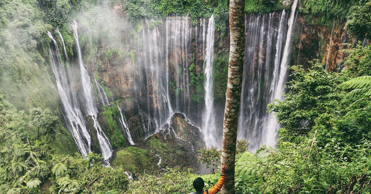 Viewing, not hiking, Mount Kilimanjaro from Arusha - Unrecognizable traveler admiring fast cascade in green mountains in summer