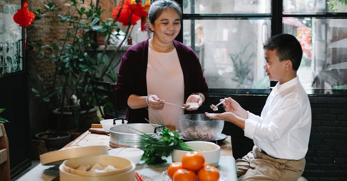 Visa etc. for Chinese grandmother to re-visit the US? - Side view of positive Asian preteen boy sitting at table in kitchen and helping smiling mature grandmother to prepare traditional Chinese dumplings for dinner