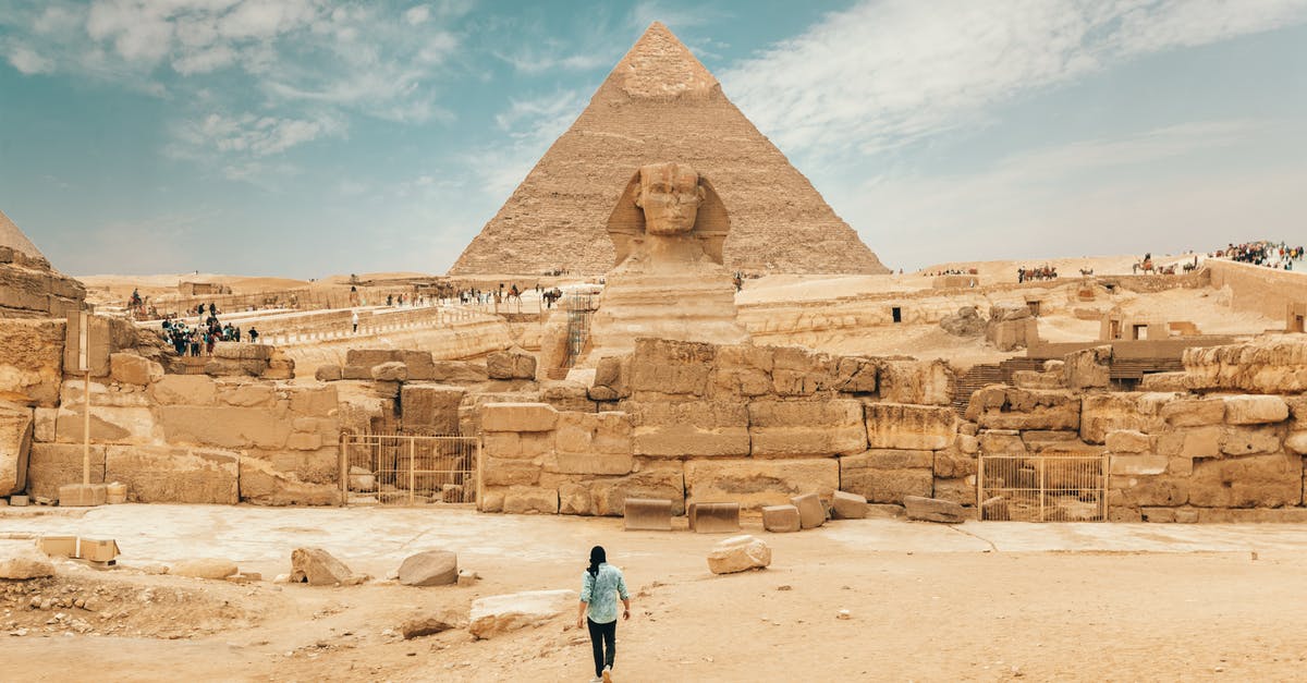 Visit the Norwegian fjords or other attractions when landing in Haugesund - Back view of unrecognizable man walking towards ancient monument Great Sphinx of Giza Visit the Norwegian fjords or other attractions when landing in Haugesund - Back view of unrecognizable man walking towards ancient monument Great Sphinx of Giza