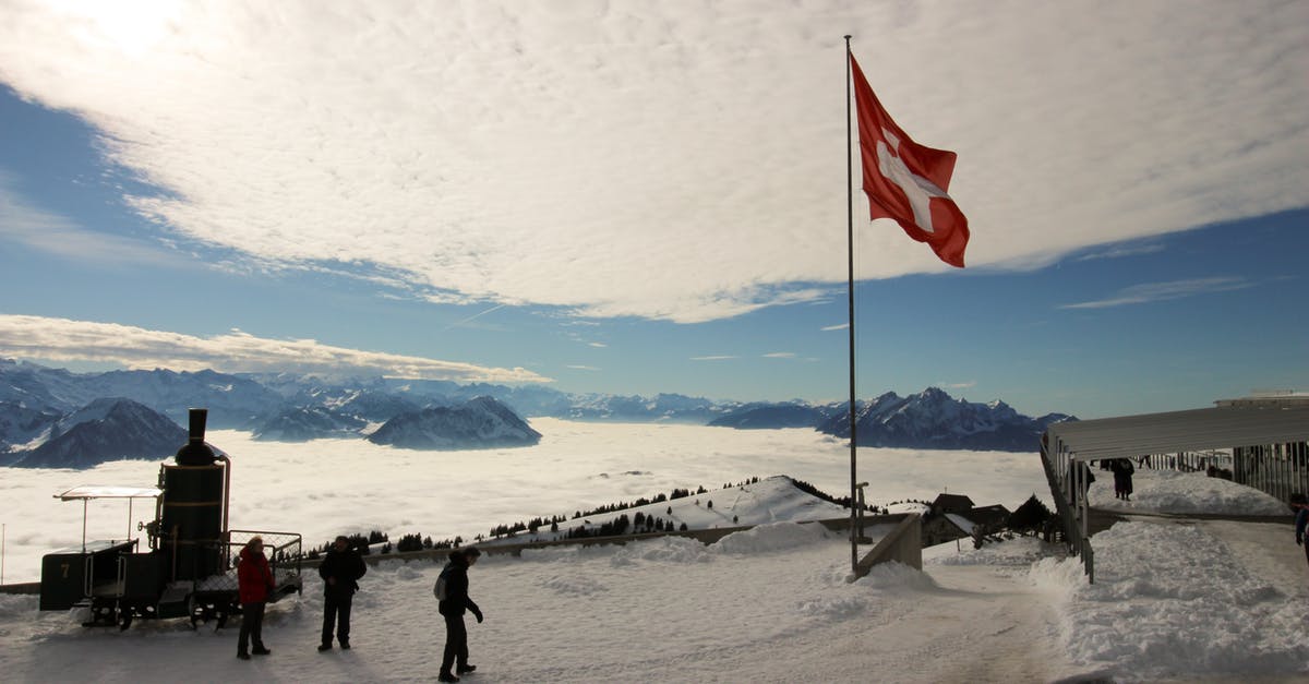 Weather and clothing for Jungfraujoch, Switzerland - High-saturated Silhouette Photography of Three Person Standing Near Red and White Cross Printed Flag