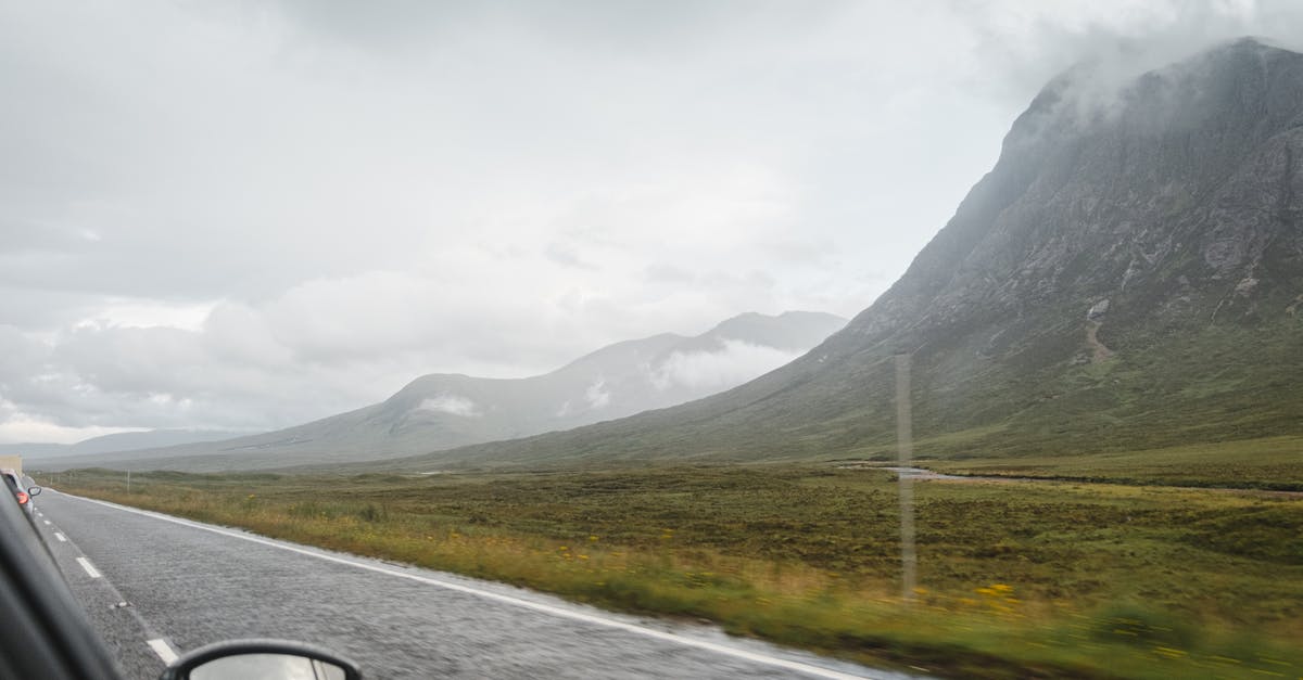 Weather on the Scottish West Highland Way in March? - Car driving near mountains on cloudy day