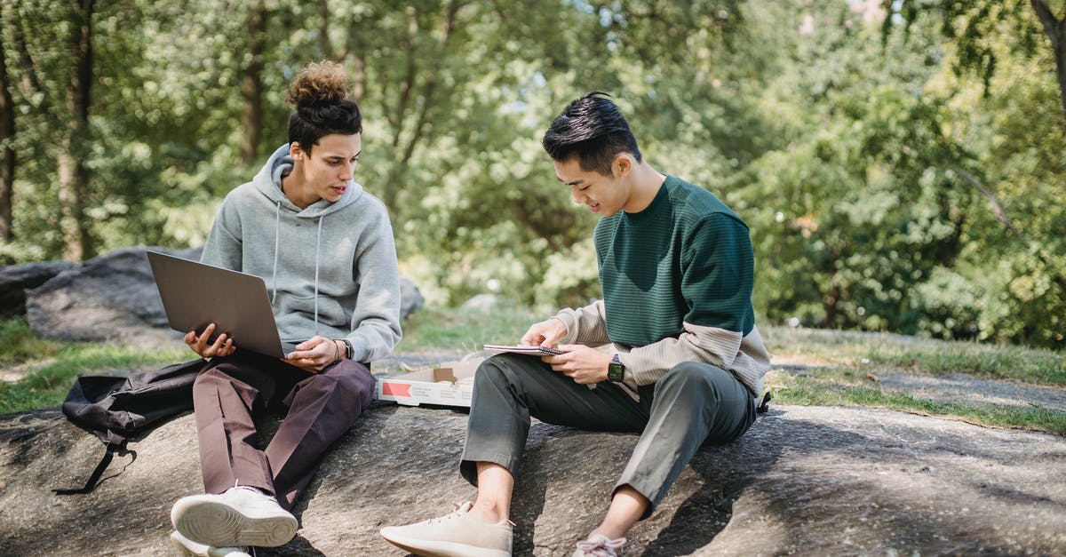 What's the best way to take my PC and videogames to another country? - Full body young men in casual clothes spending time on ground with netbook and pizza while taking notes in notebook in summer sunny day with trees on background
