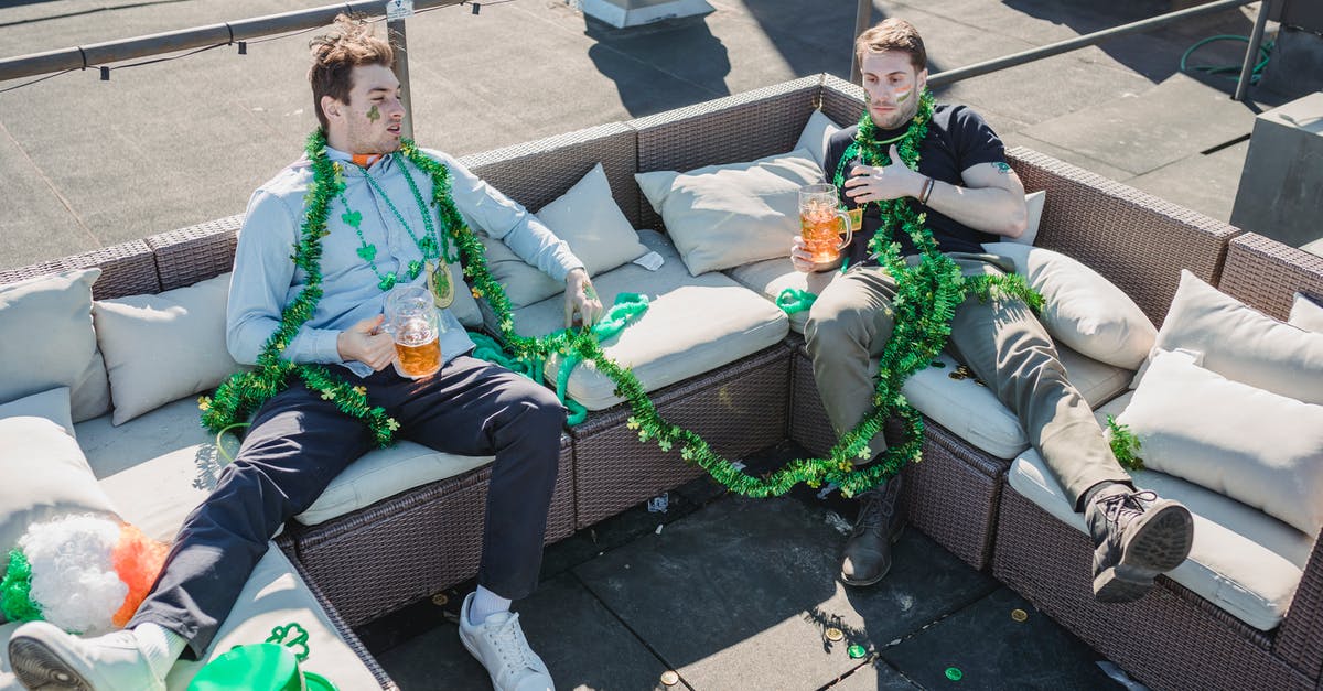 What airlines offer complimentary alcohol from Ireland to the U.S.? - Young guys lying on couch after beer party on roof