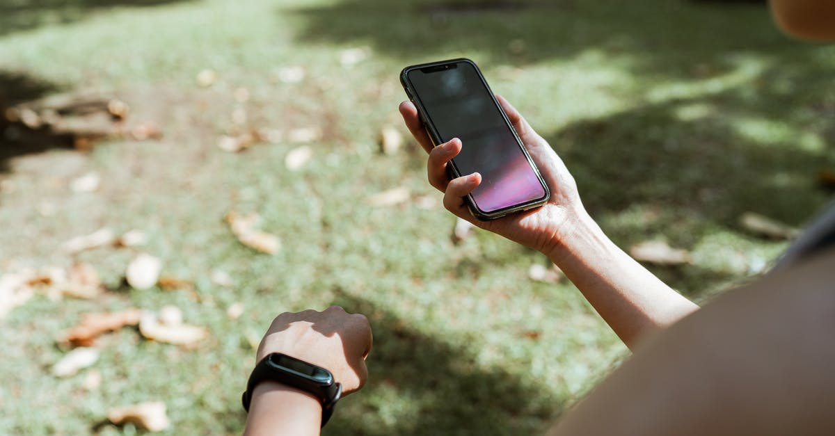 What can border guards check on your smart phone when entering USA? - From above crop unrecognizable female wearing fitness tracker browsing modern mobile phone with blank screen while resting in green park