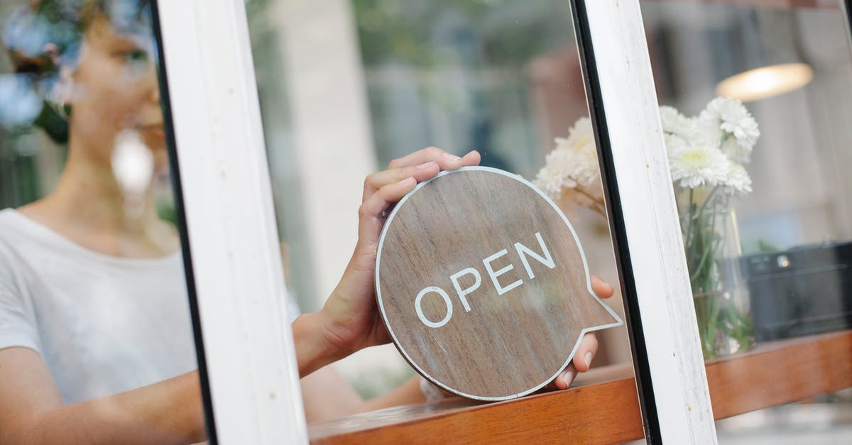 What do I put here? - Young woman worker in casual clothes standing in light cafe and putting sign with word open on door