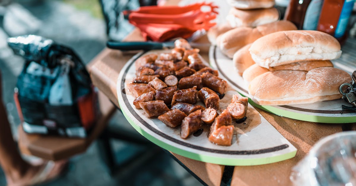 What does 1 piece baggage mean? - Appetizing fried meat on plate and package with coal on blurred background of products