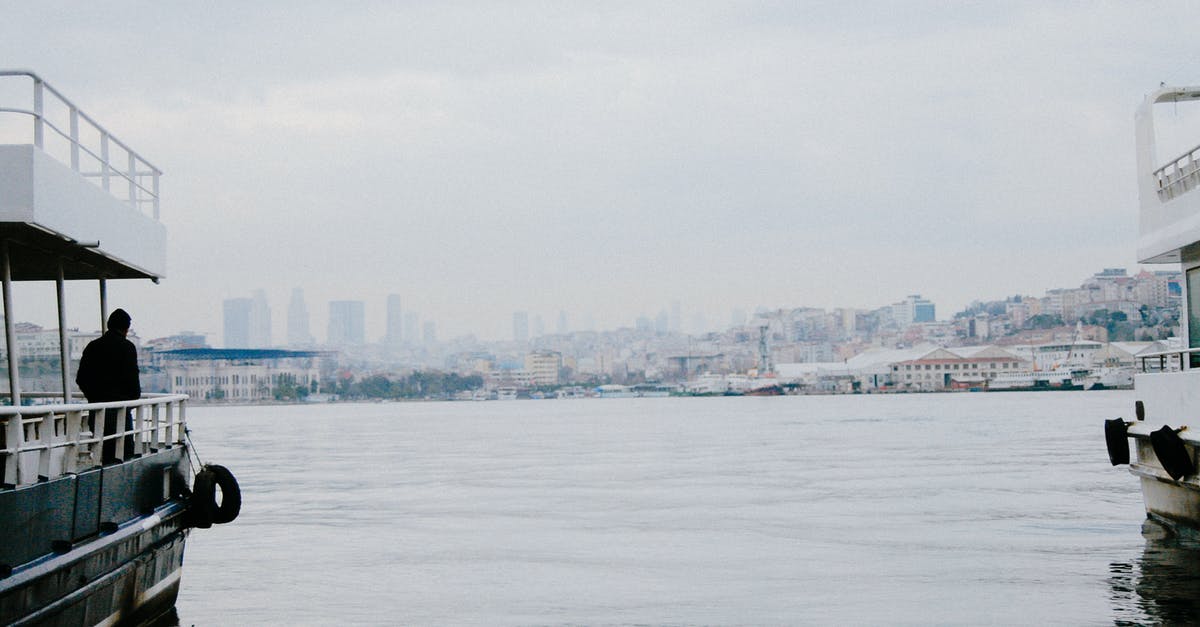 What does this sign on Air Tahiti ferry mean? - Back view of anonymous male admiring town from nautical transport on lake under cloudy sky in port