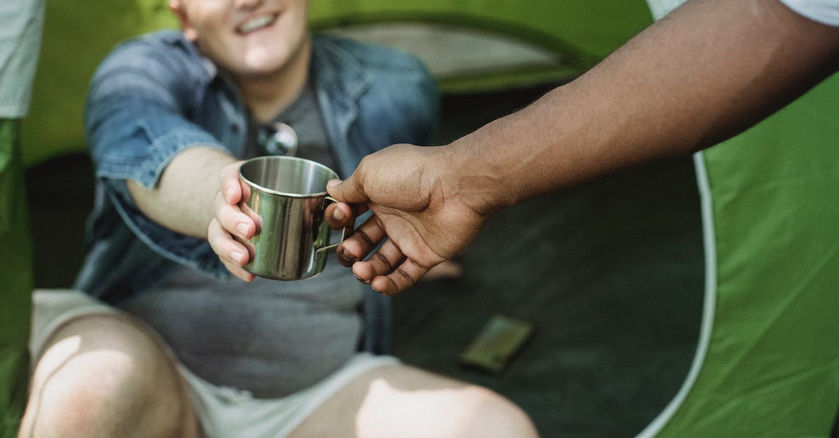 What food to take on a 3-4 day long hiking trip? - Crop anonymous African American man taking camping metal cup from cheerful friend sitting in tent in daytime