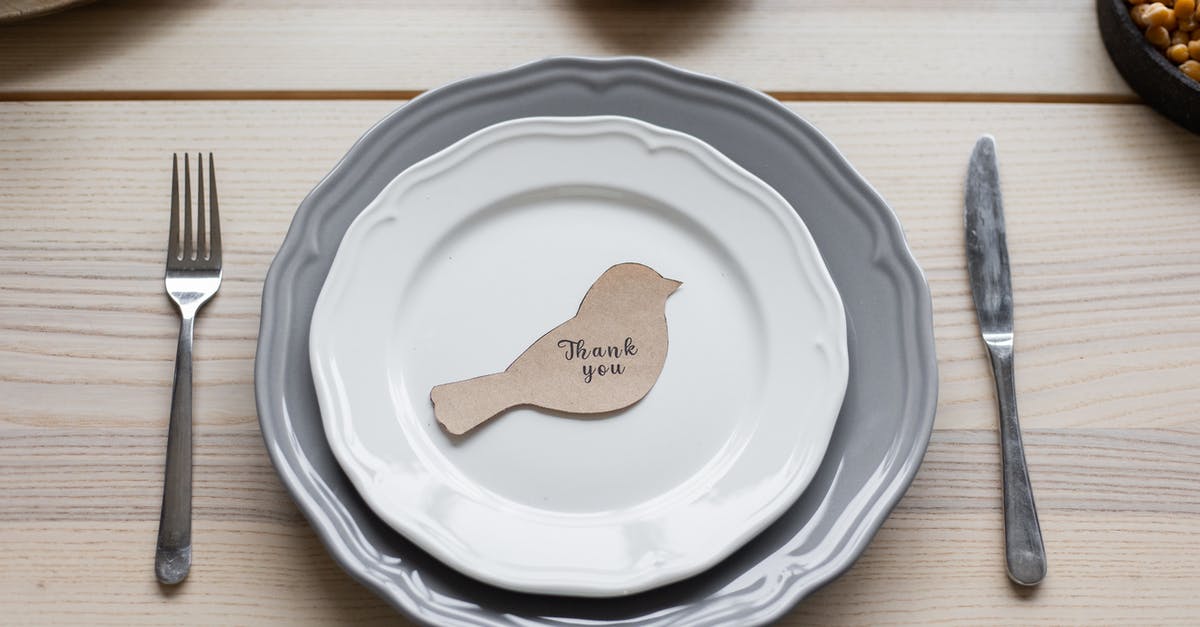 What happens if you bring a pocket knife to Europa Park? - Top view of carton postcard cutout in shape of bird with printed Thank You inscription placed on plate on Thanksgiving dinner