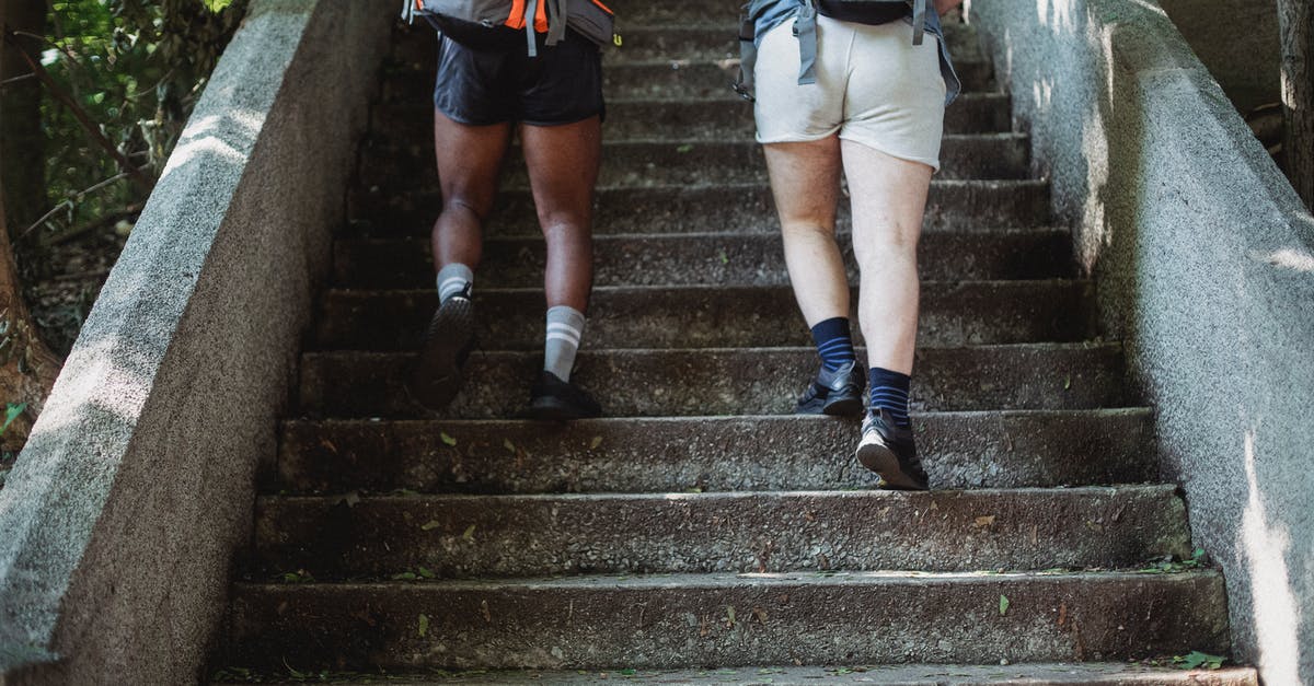 What is the best way to carry photographic film when travelling? - Travelers walking up stairs in park