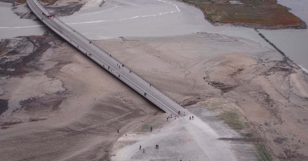 What is the best way to travel to the West Bank? - Drone view of road over river in barren valley