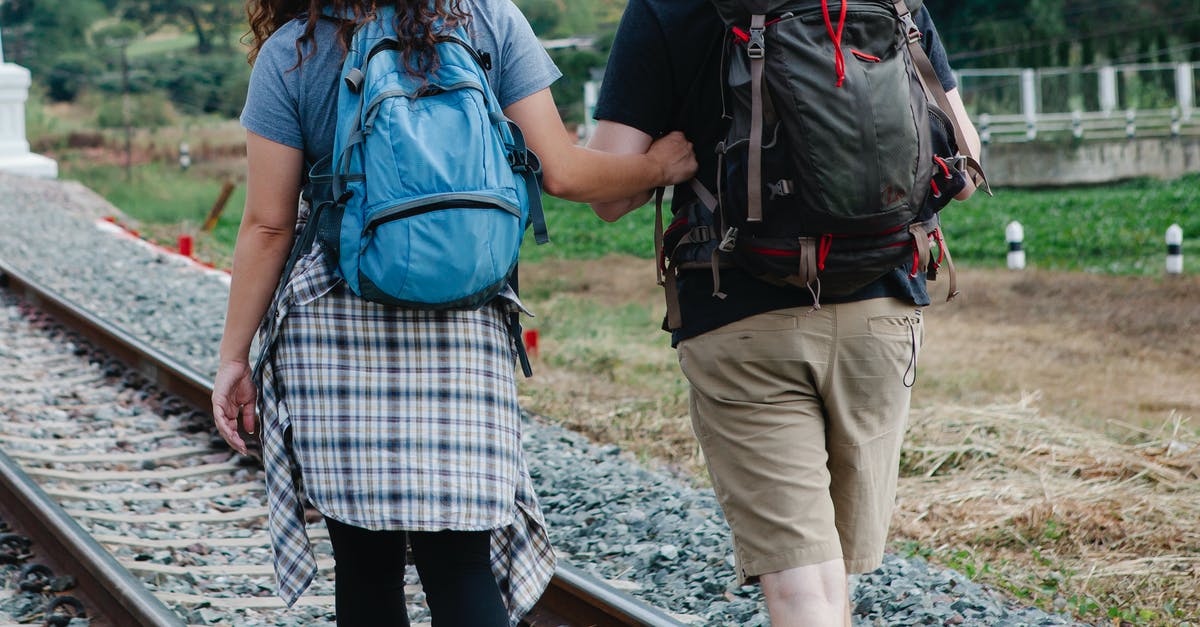 What is the cheapest and fastest way of traveling between Liege and Paris with deterministic travelling times? - Back view of unrecognizable couple of travelers in casual clothes walking along railroad placed in countryside during hike in daytime