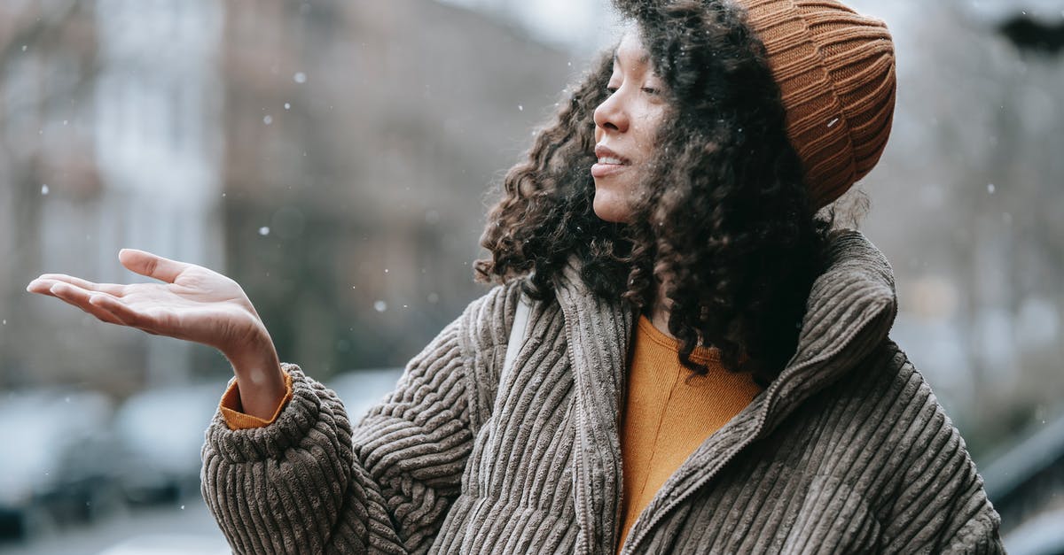 What kind of clothes should I use at Egypt and Jordan during the daylight [closed] - Black woman catching snow in winter city