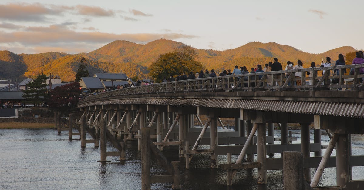 What precautions should I take on a trip to Japan with a person who is allergic to shrimp? - Anonymous people walking on bridge over river in ancient town at sundown