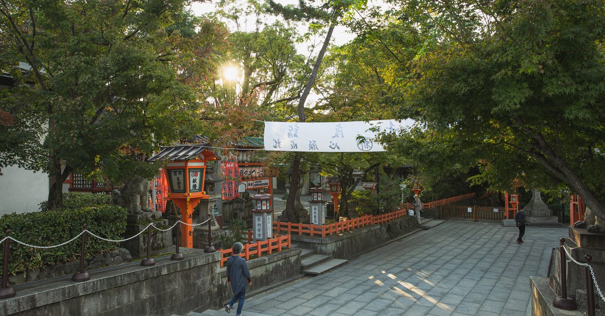 What precautions should I take on a trip to Japan with a person who is allergic to shrimp? - Unrecognizable people walking on paved pathway near green trees while sightseeing ancient Yasaka Shrine located in Kyoto
