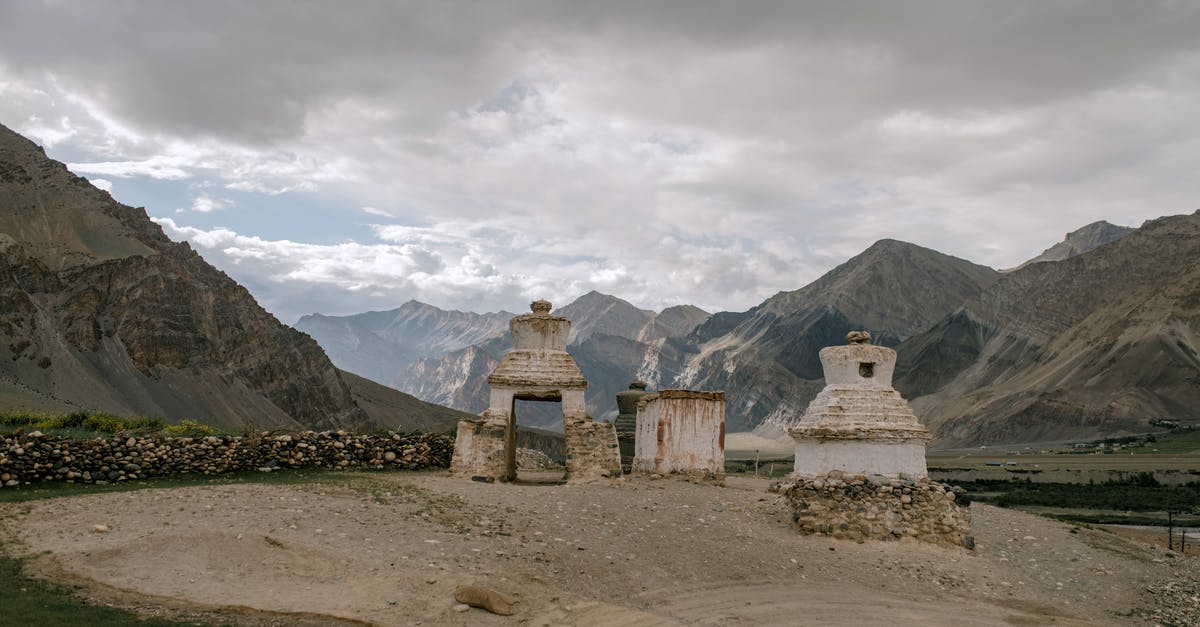 Where are the Himalayan Buddhist stupas? - Old Buddhist chorten surrounded by rocky mountains against cloudy sky