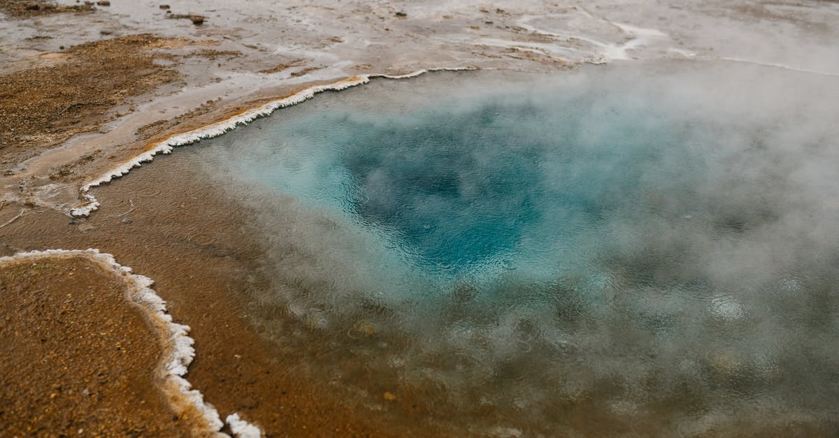 Where are the natural hot springs in Andalucia? - High angle picturesque scenery of hot geyser with crystal clear blue water on sandy terrain