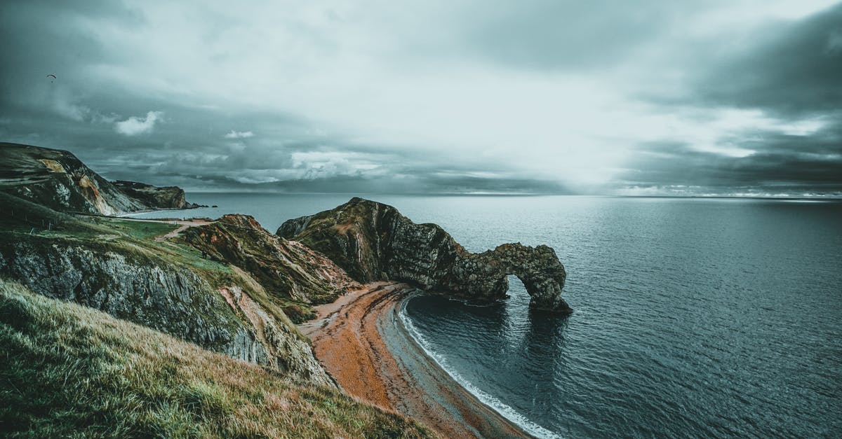 Where are these white and blue buildings near water and cliffs? - Bay with Orange Seashore Under White and Gray Clouds