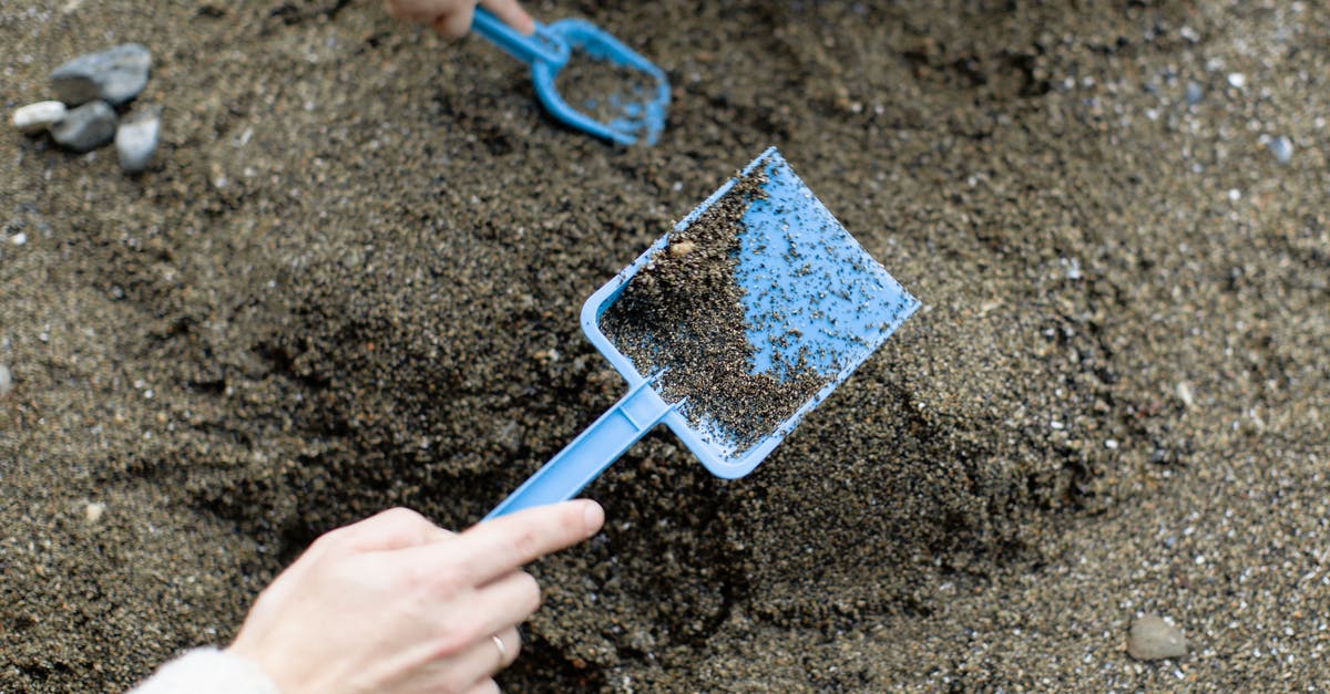 Where can a tourist play horseshoes in Washington, DC? - Crop faceless mother with baby playing with plastic shovels in sand