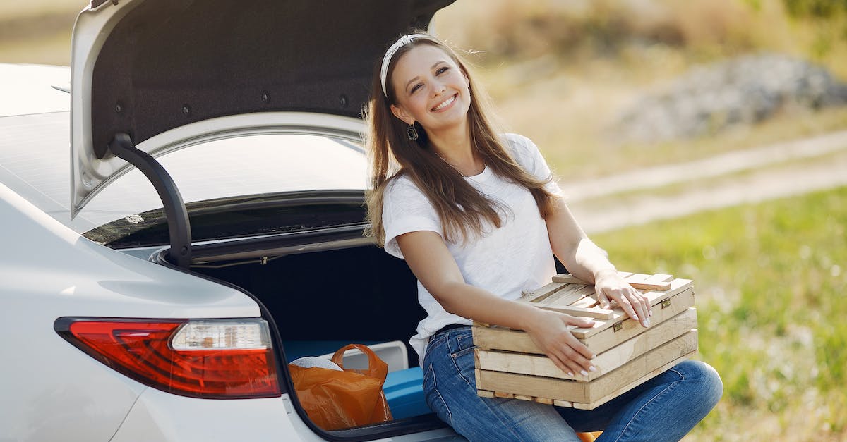 Where can I rent a car in French Guiana to cross to Suriname/Brazil? - Cheerful female traveler in headband and casual clothes sitting in open trunk of car with wooden box while spending summer weekend in countryside and smiling looking away