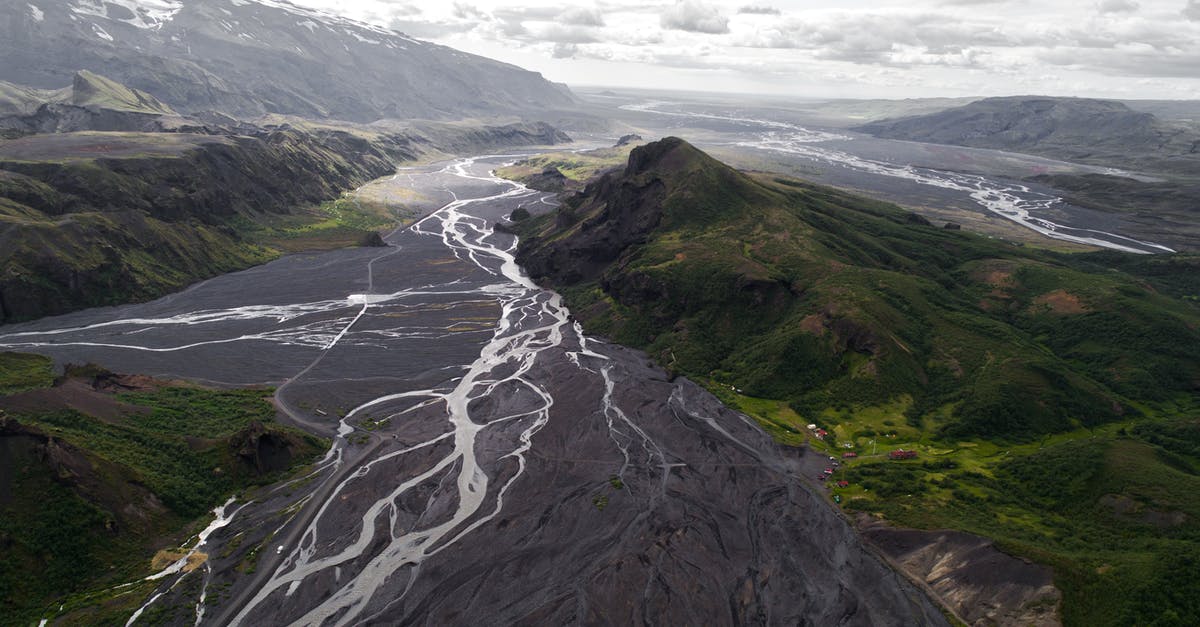 Where can I see volcanic rivers in Iceland? - Drone view of rivers in Thorsmork mountain ridge covered with green moss and volcanic ash