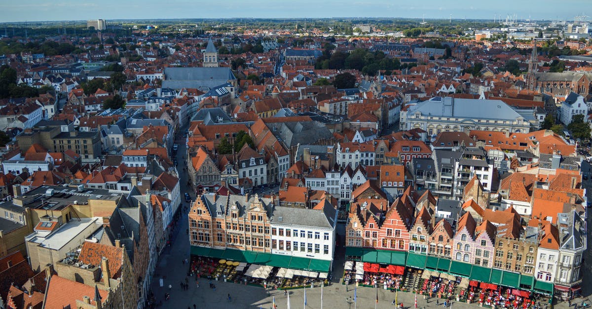 Where is considered to be the center of Leuven, Belgium? - Amazing aerial view of Markt square and aged typical buildings in historical center of Bruges on sunny day