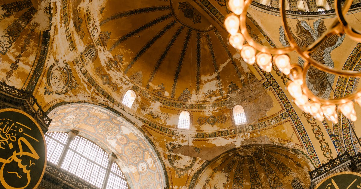 Which place in Middle East are these photos taken from? - Ornamental dome and chandelier in old mosque