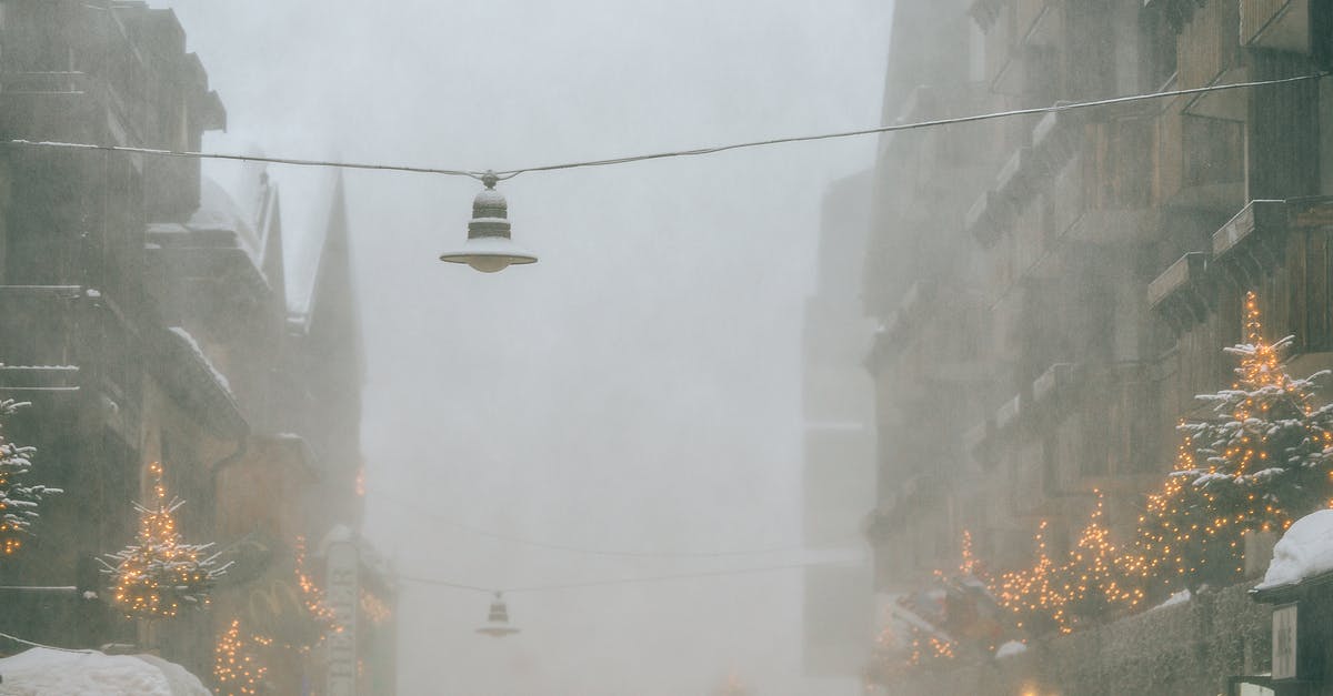 Which Turkish town has the best climate all year round? - Modern frozen city street with overhanging streetlamps covered with snow on gloomy foggy winter day