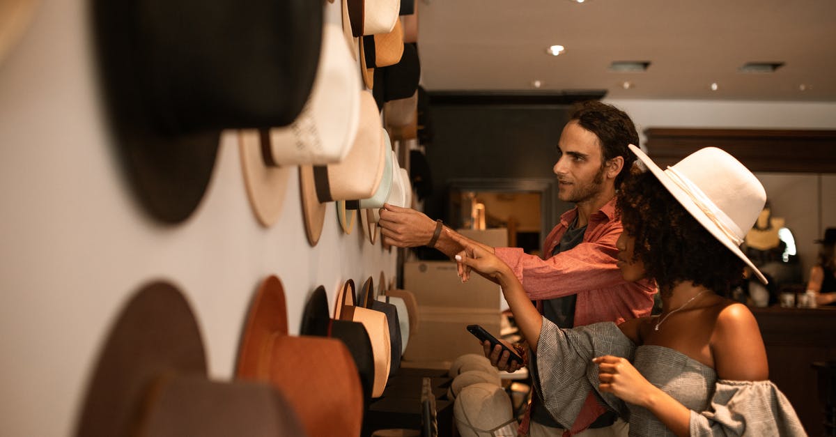 Who is checking and what about passengers heading to Canada? - A Man and a Woman Checking Hat Hanging on Display