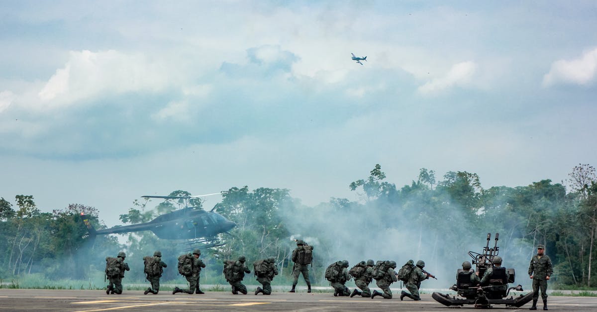 Who is responsible for security on an airplane? - Unrecognizable soldiers with infantry weapons accomplishing military mission near helicopter