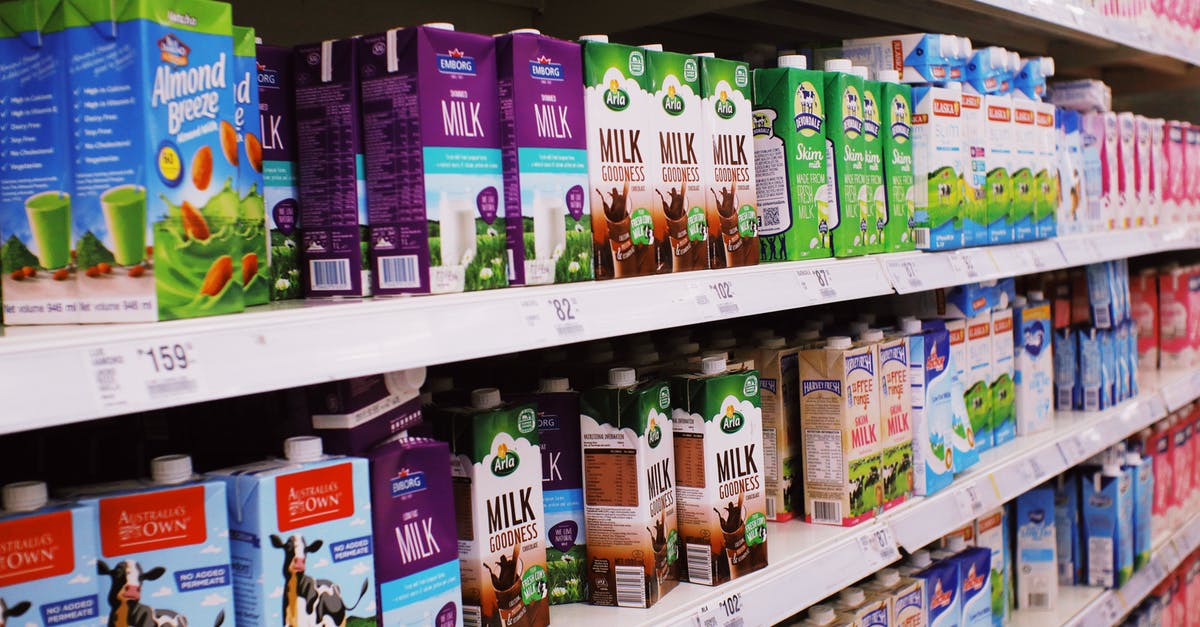 Why do many airports offer bag wrapping services? - Shelves with various milk boxes