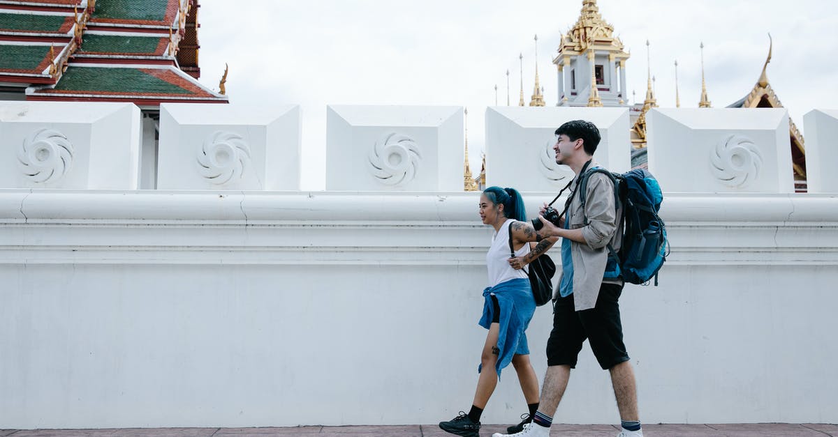 Why do some groups of tourists include someone carrying a banner? - Man and Woman Walking Beside a Concrete Fence